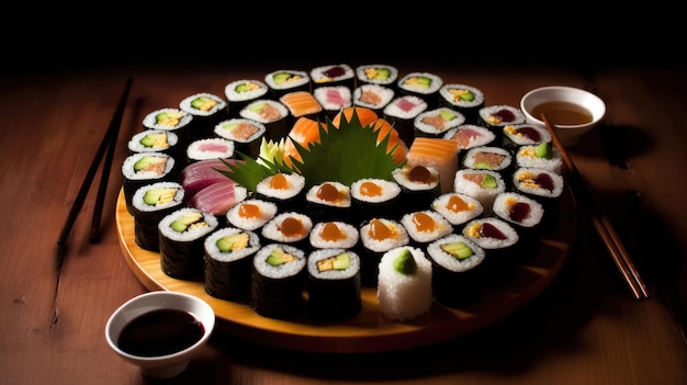 Talerz sushi z miską sosu sojowego