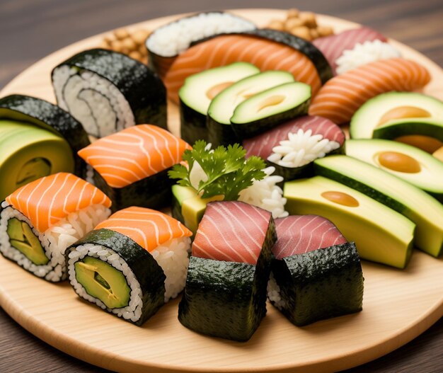 Talerz sushi z różnymi smakami.