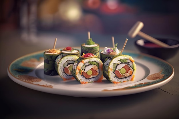 Talerz sushi z talerzem jedzenia