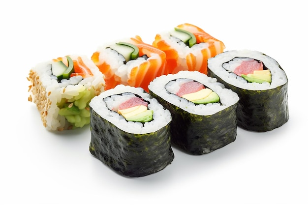 Talerz sushi z zieloną i pomarańczową etykietą z napisem „sushi”