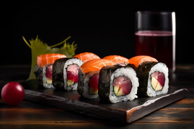 Talerz sushi ze szklanką piwa za nim