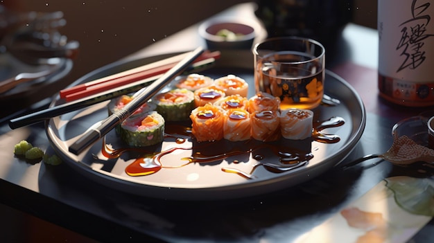 Talerz sushi ze szklanką piwa