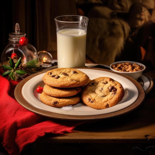 Talerz świeżo upieczonych ciasteczek i szklanka mleka pozostawiona Mikołajowi na Wigilię