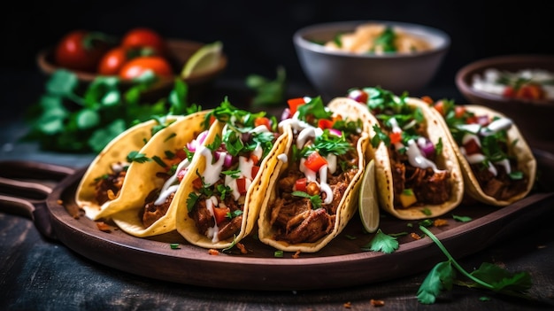 Talerz tacos z miską salsy i miską pomidorów z boku.