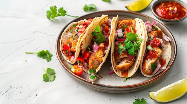 Zdjęcie talerz tacos z różnymi składnikami, w tym rybami i warzywami