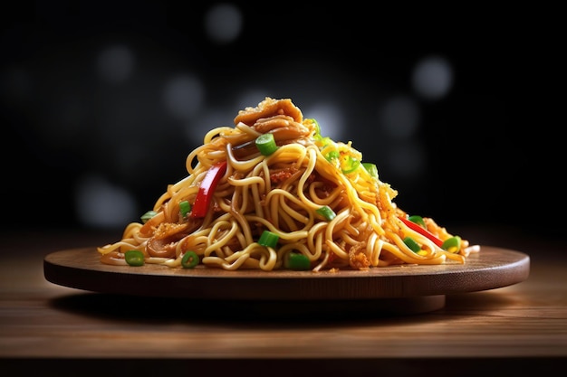 Talerz yakisoba z kurczakiem i warzywami na czarnym tle