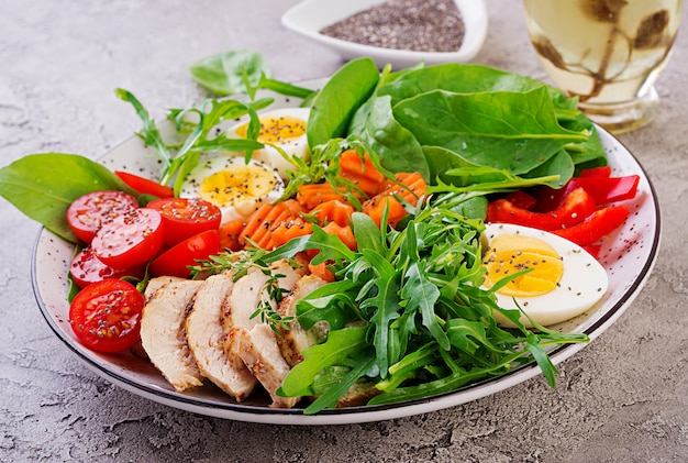 Talerz z dietą ketonową. Pomidory koktajlowe, pierś z kurczaka, jajka, marchewka, sałatka z rukolą i szpinakiem. Lunch keto