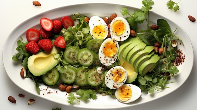Zdjęcie talerz z dietą paleo, jajkami na twardo, awokado, ogórkiem, orzechami, wiśnią i truskawkami