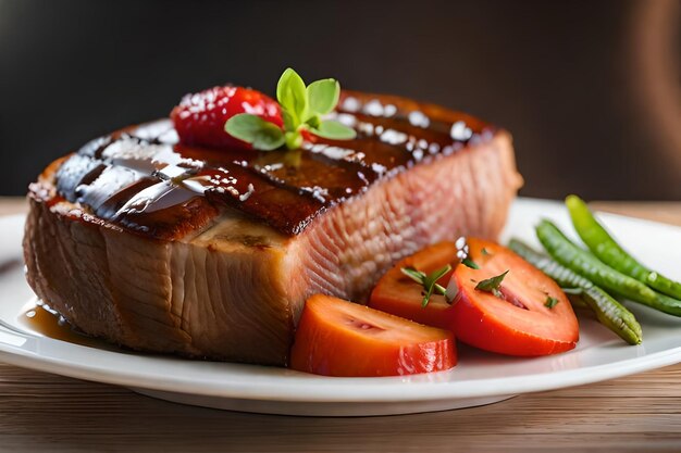 Zdjęcie talerz z jedzeniem, na którym leży kawałek mięsa i warzyw.