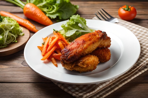 Talerz z kurczakiem i marchewką z widelcem na drewnianym stole.