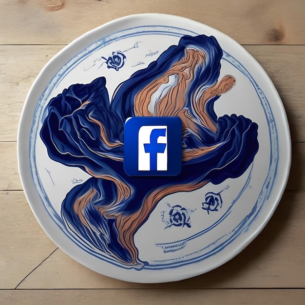 Talerz z logo Facebooka na drewnianym stole.