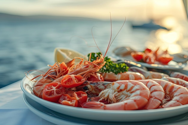talerz z owocami morza krewetki kałamarnice ostrygi homary w pobliżu oceanu