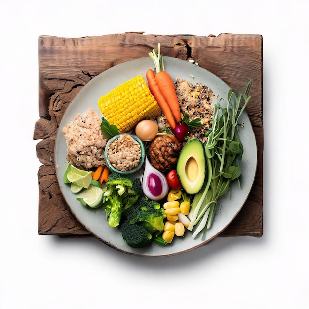 Zdjęcie talerz zdrowej żywności na rustykalnej drewnianej desce na białym tle