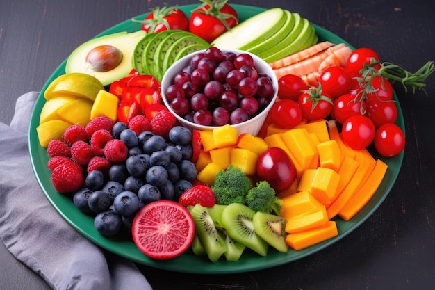 Talerz zdrowych kolorowych owoców i warzyw stworzony za pomocą generatywnej ai