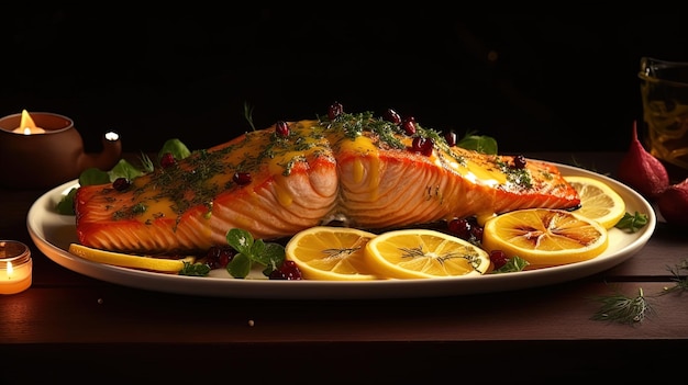 talerze z pieczonym łososiem i sosem cytrusowym wyrażające połączenie smaku i przydatności