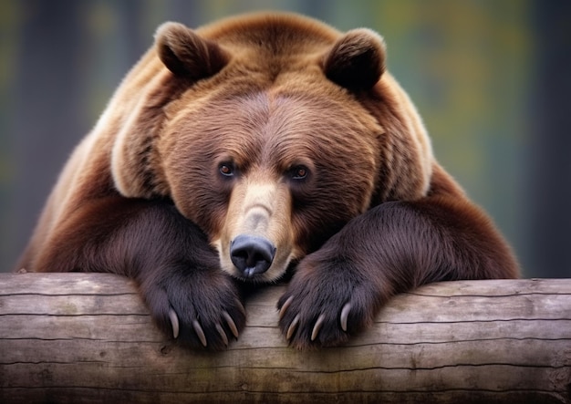 Tam jest brązowy niedźwiedź, który leży na drewnie generatywny ai