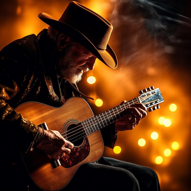 Tam jest człowiek z kapeluszem grający na gitarze w ciemności generatywny ai