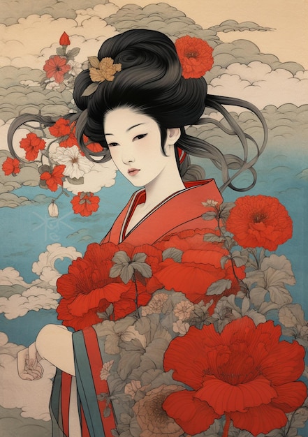 Tam jest kobieta w sukience kimono trzymająca kwiat generatywny ai