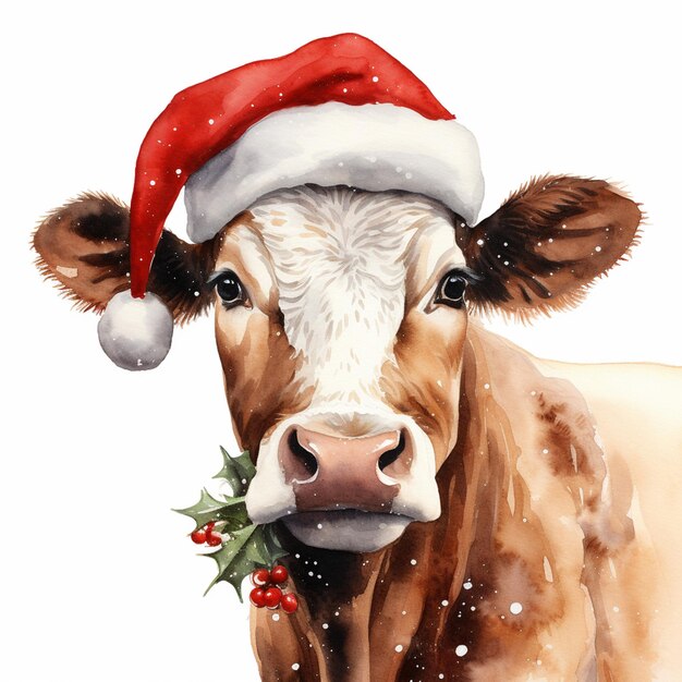 Tam jest krowa nosząca kapelusz Świętego Mikołaja i trzymająca jagodę generatywną ai