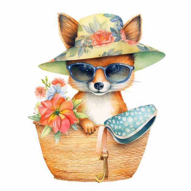 Tam jest lis noszący kapelusz i okulary przeciwsłoneczne siedzący w koszu generatywny ai