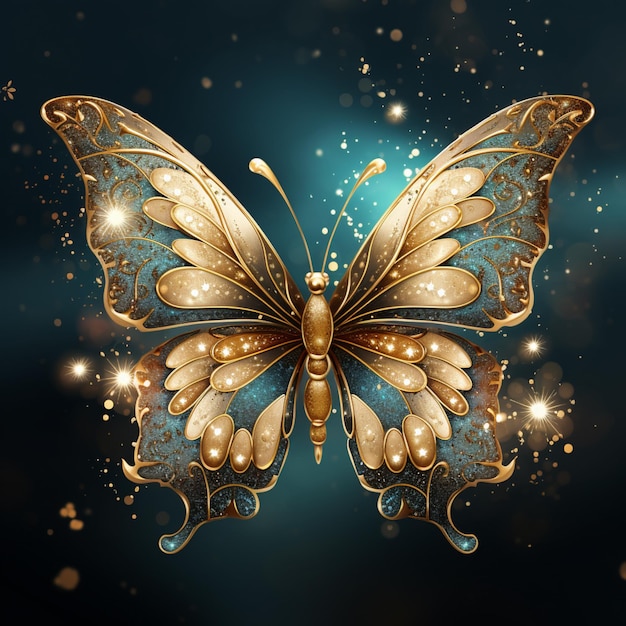 Tam jest motyl ze złotymi skrzydłami na niebieskim tle generatywny ai