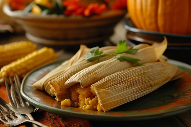 Zdjęcie tamales z kukurydzy i dyni na święto dziękczynienia w połączeniu z potrawą ragou z indyka