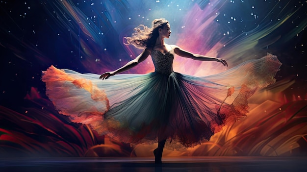 Tancerka baletowa z wdziękiem występuje na scenie w otoczeniu kolorowych świateł i majestatycznej scenerii
