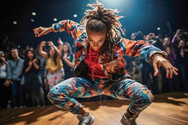 Tancerka breakdance urzeka publiczność swoim dynamicznym układem podczas konkurencyjnego tańca breakdance