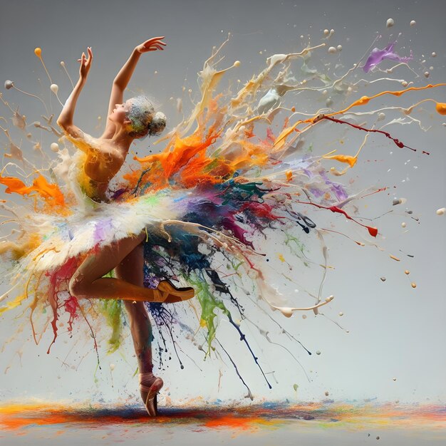 Tańcząca balerina wygląda, jakby była zrobiona z rozlewających się farb różnych kolorów