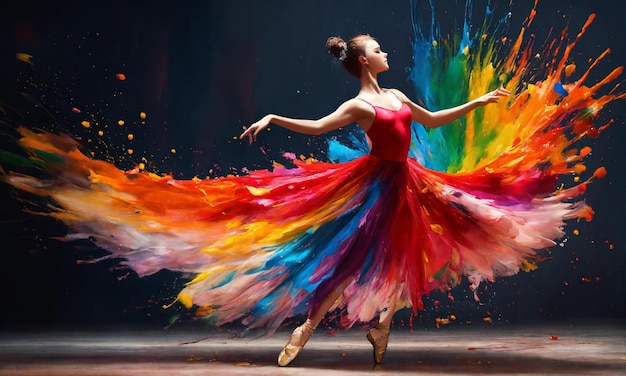tańcząca baletnica wyglądająca, jakby była zrobiona z rozlanych farb w różnych kolorach. Kolorowy
