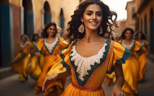Tańcząca hiszpańska kobieta ubrana jak sevillanas na tradycyjnym