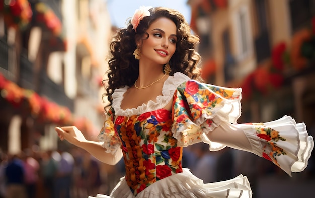 Tańcząca hiszpańska kobieta ubrana jak sevillanas na tradycyjnym