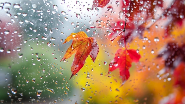 Tańczące krople deszczu chwytające czarujące jesienne kolory w chłodny, mokry i deszczowy dzień