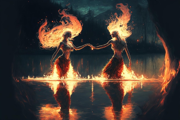 Tańczące płomienie mężczyzny i kobiety nad jeziorem