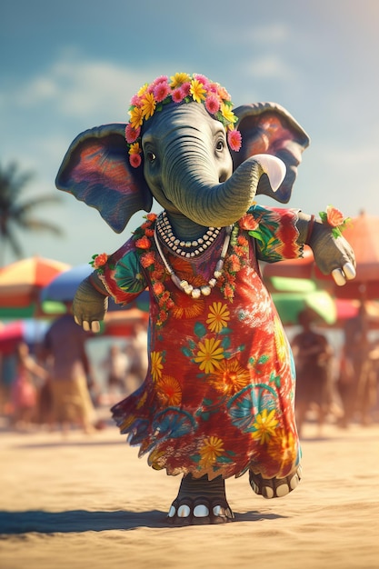 Tańczący słoń w sukience na letniej imprezie na plaży