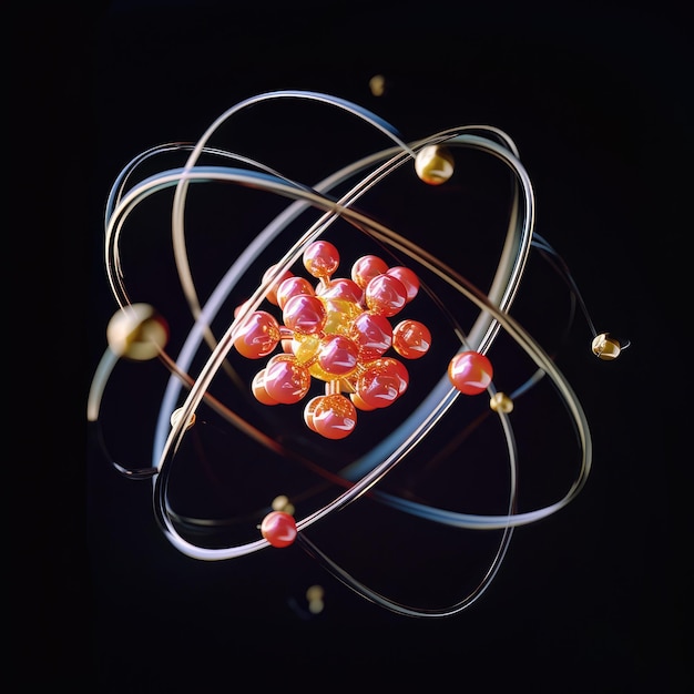 Taniec atomowy Dziedzina subatomowa elektrony, neutrony i protony krążą wokół nieruchomego jądra w modelowej pustej przestrzeni wewnątrz atomów, przedstawiającej ustalone przewidywalne ścieżki w skomplikowanym świecie fizyki cząstek elementarnych