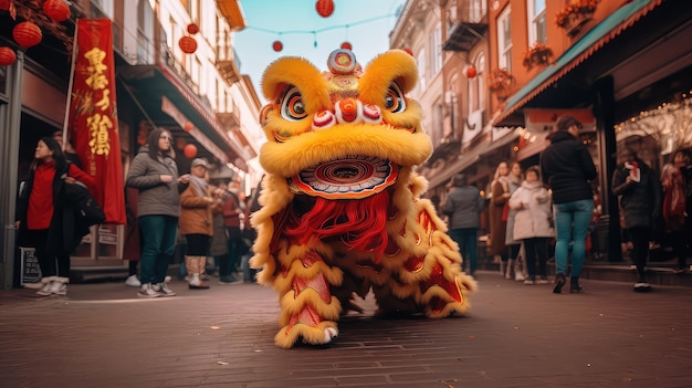 Taniec lwa na ulicy chińskiego miasta Chiński Nowy Rok