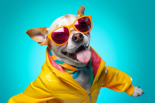 taniec psa w kolorowych ubraniach i okularach przeciwsłonecznych