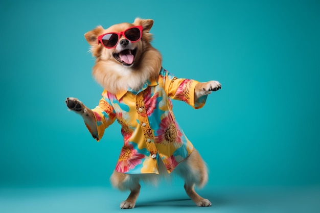 taniec psa w kolorowych ubraniach i okularach przeciwsłonecznych