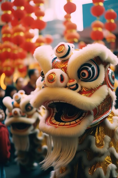 Zdjęcie taniec smoka lub lwa pokaz barongsai w świętowaniu chińskiego księżycowego nowego roku tradycyjny azjatycki