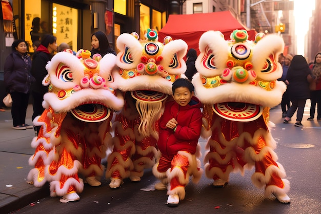 Taniec smoka lub lwa pokaz barongsai w świętowaniu chińskiego księżycowego Nowego Roku tradycyjny azjatycki