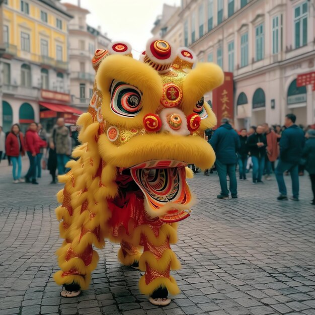 Taniec smoka lub lwa pokaz barongsai w świętowaniu chińskiego lunarnego Nowego Roku tradycyjny azjatycki