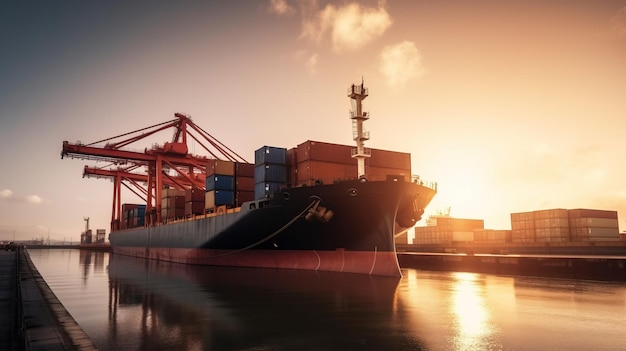 Tanker ładunkowy w porcie do rozładunku załadunku Eksport import towarów Dostawa handlowa Przemysł transportu wodnego AI generowany