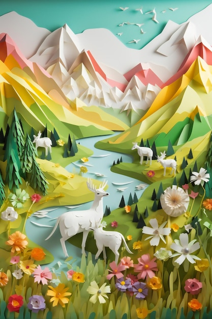 Tapeta AI Generative 3D Origami Field Cut Spokojna alpejska łąka wypełniona kolorowymi polnymi kwiatami