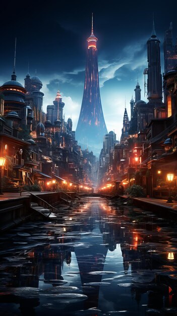 Zdjęcie tapeta cyberpunk cityscape w nocy z unoszącymi się pojazdami i świecącymi światłami generatywna sztuczna inteligencja