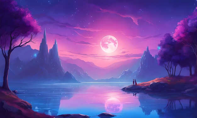Tapeta Enigmatyczne Księżycowe Jezioro Fantasy