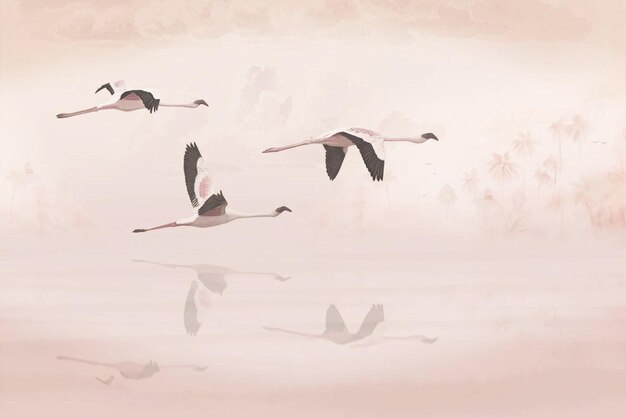 Zdjęcie tapeta flaming lecący nad różowym jeziorem