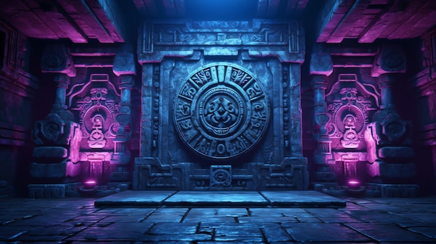 tapeta i tło aztecka kamienna brama Majów neonowa konstrukcja światła
