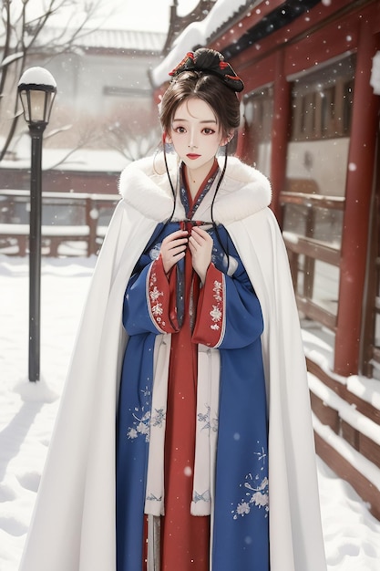 Tapeta klasyczna chińska piękność nosząca kurtkę Hanfu cheongsam w zimnej zimie i śniegu