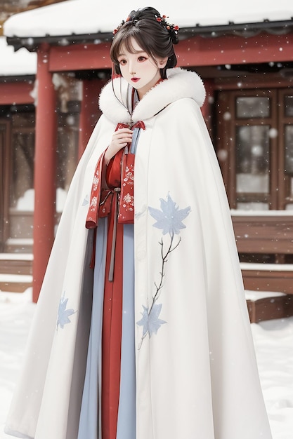 Tapeta klasyczna chińska piękność nosząca kurtkę Hanfu cheongsam w zimnej zimie i śniegu